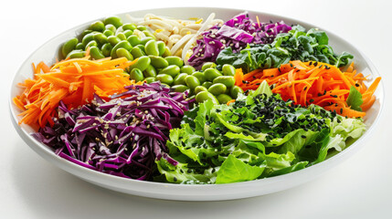 Asian sesame ginger salad with mixed greens, edamame, carrots, red cabbage, and sesame dressing on a white background.