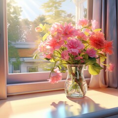 Pink flowers in vase on window sill