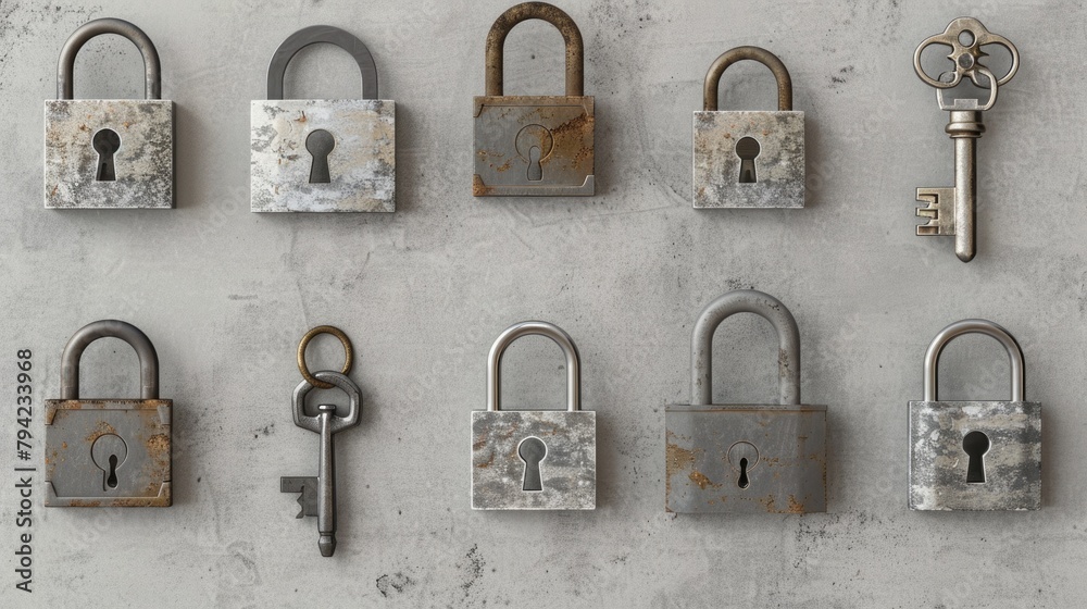 Poster A collection of locks and keys hanging on a wall. Perfect for security or home improvement concepts