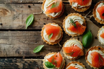 Delicious mini tartlets filled with salmon, perfect for catering events - obrazy, fototapety, plakaty