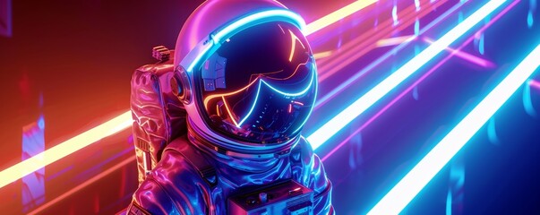 Futuristic astronaut with neon lights - obrazy, fototapety, plakaty