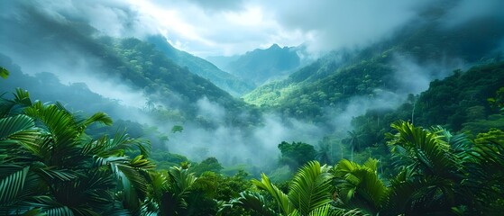 Tropical Rainforest: Lush Green Foliage, Trees, and Mountain Views. Concept Tropical Rainforest, Green Foliage, Trees, Mountain Views