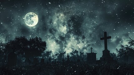 Cross in a cemetery on an ominous moonlit night - obrazy, fototapety, plakaty