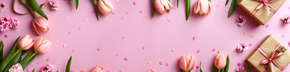 Pink Background With Pink Flowers and Gifts - obrazy, fototapety, plakaty