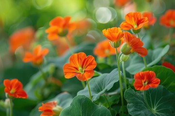 Nasturtiums - Beautiful Orange Flowers in a Summer Garden with Bright Green Leaves and Red Accents