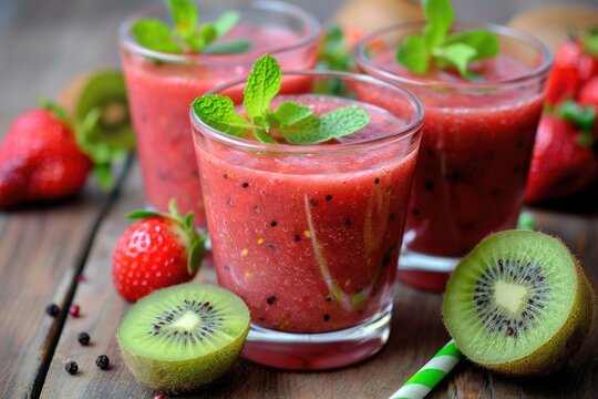 Refreshing Strawberry Kiwi Smoothie for a Healthy Breakfast. Fresh and Juicy Nourishment