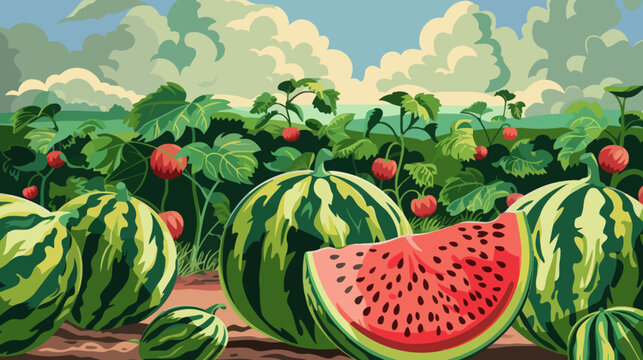 a painting of watermelons in a field