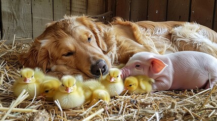 A dog is laying down next to a group of baby pigs. The scene is peaceful and heartwarming, as the dog and the piglets seem to be enjoying each other's company