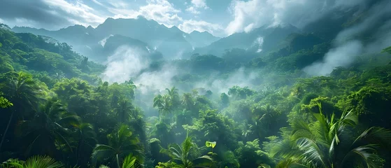 Fotobehang Picturesque Tropical Rainforest with Verdant Trees and Mountainous Background. Concept Nature Photography, Tropical Landscapes, Rainforest Scenery, Mountain Views © Anastasiia