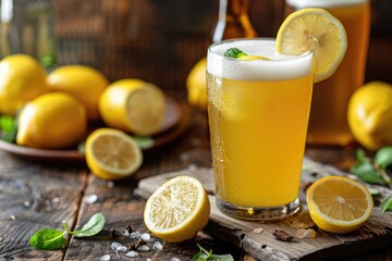 Shandy - The Perfect Refreshing Lemon Beer Blend for a Hot Day at the Bar or Brewery  - obrazy, fototapety, plakaty