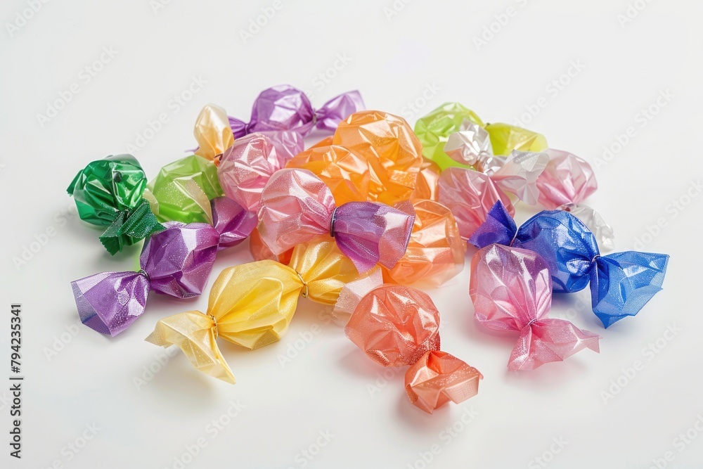 Poster a vibrant pile of assorted candy in colorful plastic wrapping. ideal for confectionery or party-them