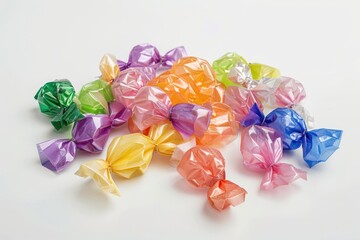 A vibrant pile of assorted candy in colorful plastic wrapping. Ideal for confectionery or party-themed designs
