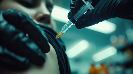 A person receiving a vaccine injection. Suitable for medical concepts