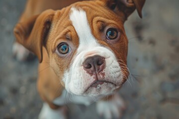 Close-up Portrait of Cute Miniature American Bulldog Puppy in Brown and White Coat. Adorable Animal - obrazy, fototapety, plakaty