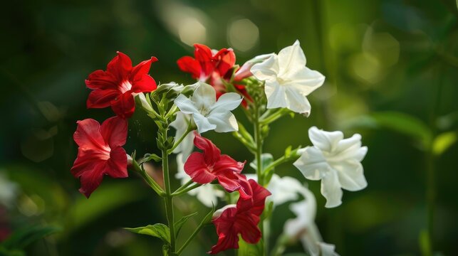 Jasmine Tobacco Blossom. Red and White Flowers for Botanical Garden in Closeup. Flora and Herbal