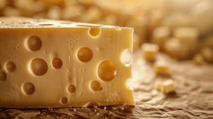 Gruyere Cheese Block on Rustic Background. Swiss Medium-hard Matured Cheese Perfect for Baking - obrazy, fototapety, plakaty