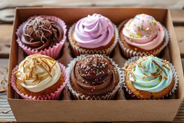 A box of cupcakes on a rustic wooden table. Perfect for bakery or dessert themes