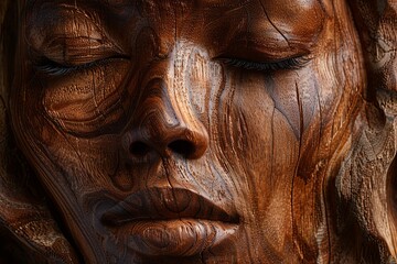 A photorealistic image showcasing the face of a woman emerging from the natural grain of walnut wood. The texture of the wood.