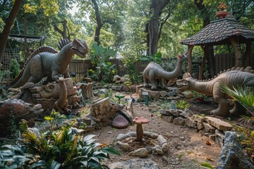 Obraz premium Backyard transformed into a dinosaur land, prehistoric play, young explorers, Jurassic imagination