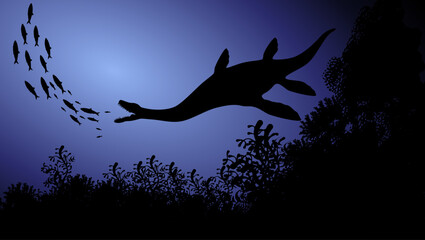 plesiosaur underwater, flat color illustration
