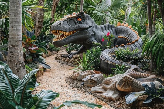 Backyard transformed into a dinosaur land, prehistoric play, young explorers, Jurassic imagination
