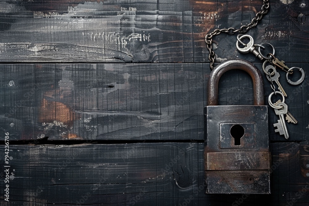 Poster An old padlock with a bunch of keys attached. Ideal for security and vintage concepts