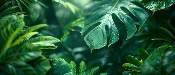 Abstract lush rainforest background with dominant deep green tones after heavy rain. Concept Rainforest Photography, Nature Background, Green Tones, Abstract Landscape, Lush Foliage, - obrazy, fototapety, plakaty