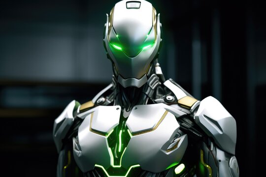 Close up of a robot with green eyes