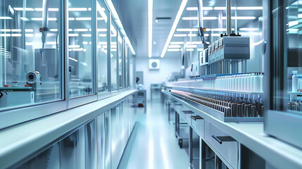 Obraz premium Interior of a modern laboratory with automated machinery and numerous test tubes in a clean, well-lit environment.