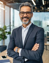 Fototapeta premium Portrait of a proud smiling confident middle aged hispanic businessman in office. Elegant, stylish, corporate leader, successful CEO executive manager 