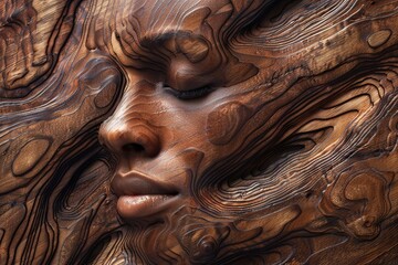 A photorealistic image showcasing the face of a woman emerging from the natural grain of walnut wood. The texture of the wood.