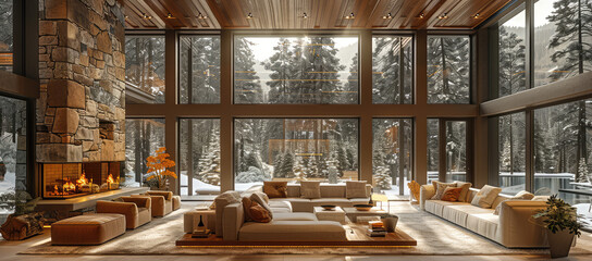 A large living room with stone walls, glass windows and fireplace in the woods outside. Created with Ai