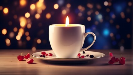 The beautiful cup design cup on table with technology backgrounds with candles - obrazy, fototapety, plakaty