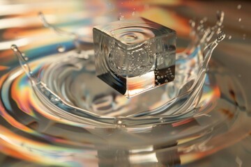 A cube-shaped object floating in the air, resembling a reflective viscous glass liquid, distorting the swirling pattern into a mesmerizing spectacle