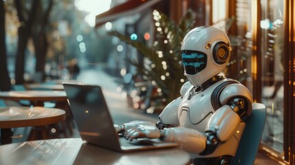 White robot sits at a laptop. Theme of education and new knowledge