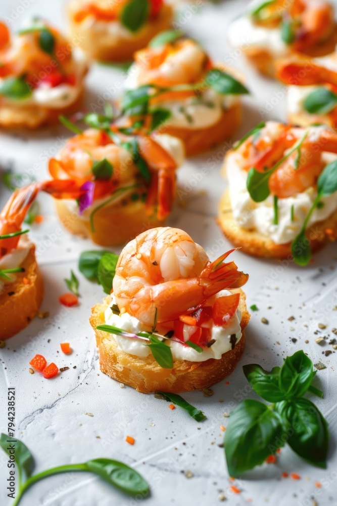 Poster a display of small appetizers with shrimp and vegetables. perfect for catering events