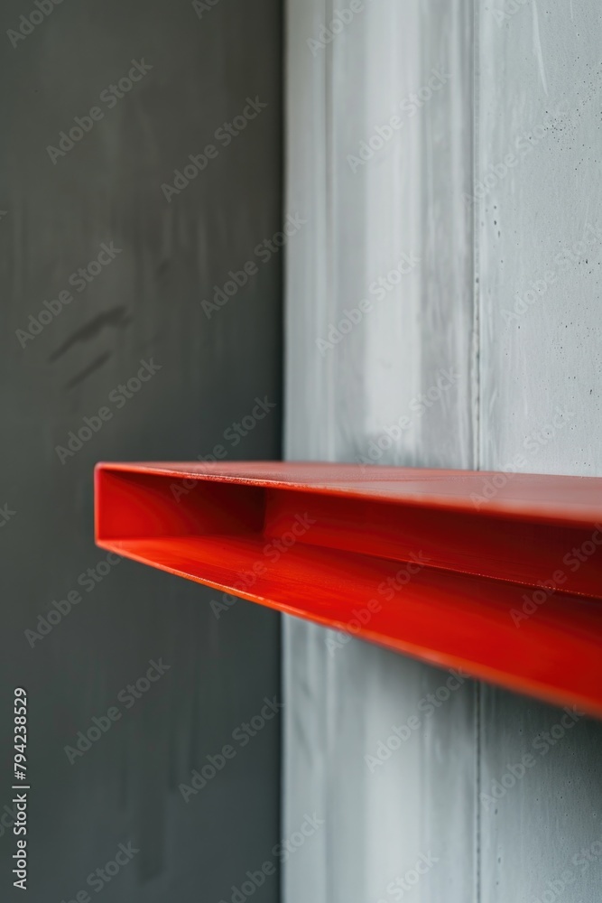 Poster detailed shot of a red shelf mounted on a wall, suitable for interior design concepts