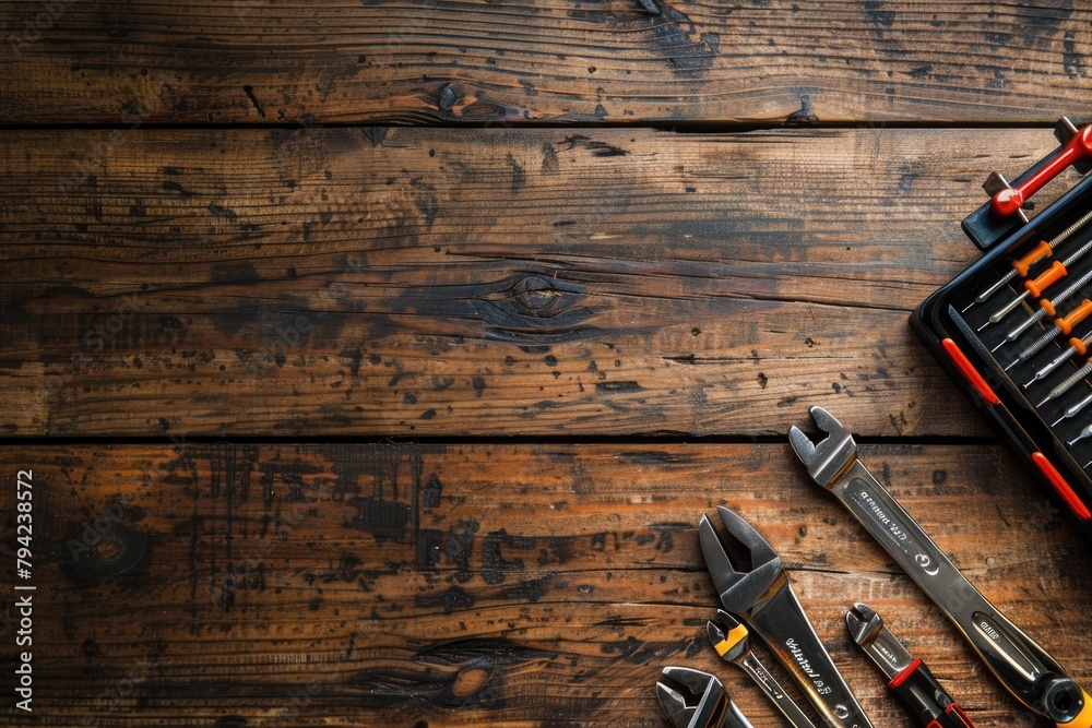 Poster a tool kit placed on a wooden table. ideal for diy projects or construction themes