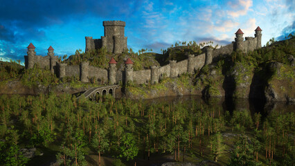Ancient medieval castle on a hill in a forext landscape with a river in front. 3D render.ed illustration