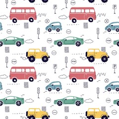 Seamless pattern with hand drawn cars, signs, roads. Cartoon background for print, children, paper, print . trending art cute illustration