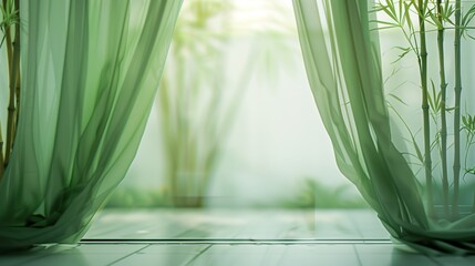 A light green curtain is draped on each side of the frame, with blurred bamboo seen behind the...