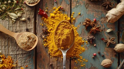 A spoon full of turmeric and spices on a wooden table. Perfect for cooking or health-related designs
