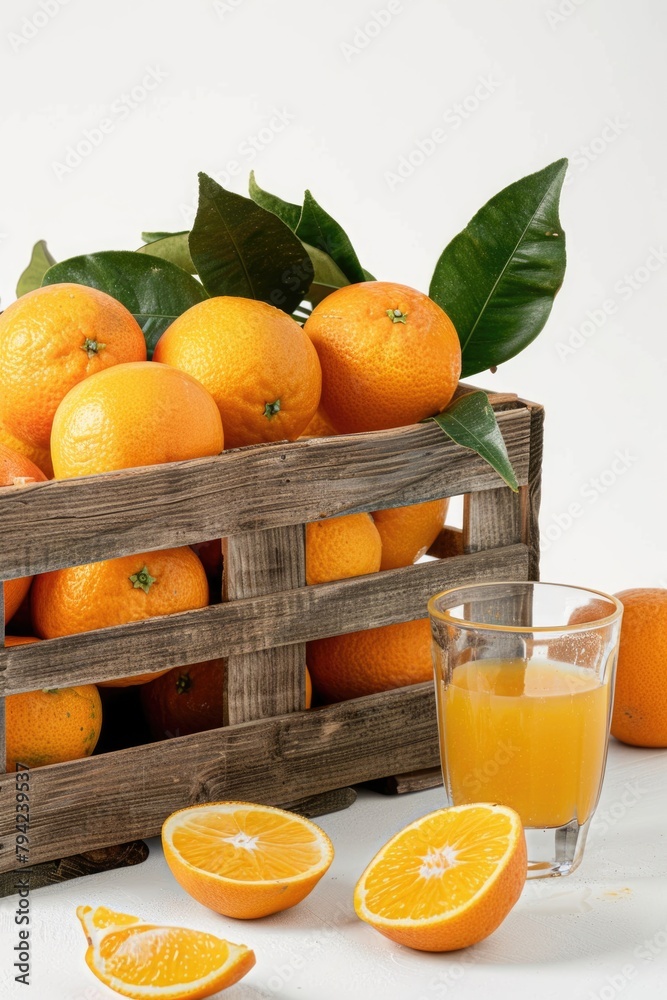 Poster fresh oranges in a crate next to a glass of orange juice. perfect for food and drink concepts