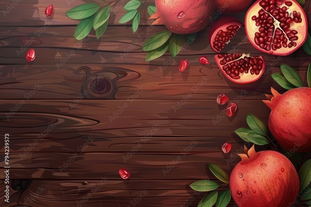 Poster fresh pomegranates displayed on a rustic wooden table. ideal for food and healthy eating concepts