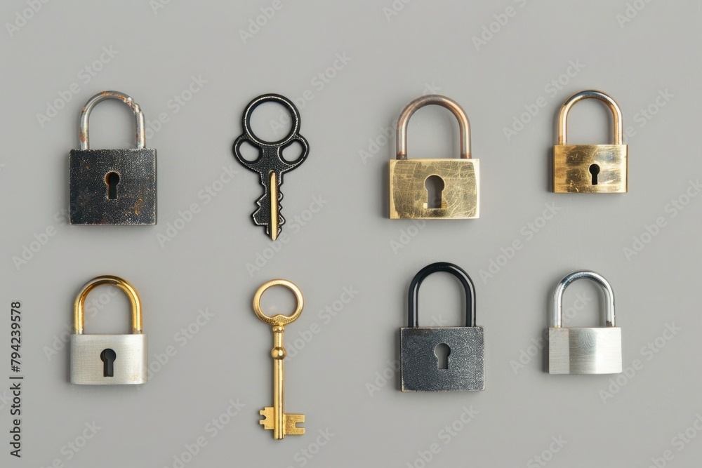 Aufkleber Various keys and locks on a gray surface, suitable for security concepts