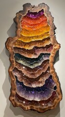 A large piece of wood with a colorful pattern carved into it