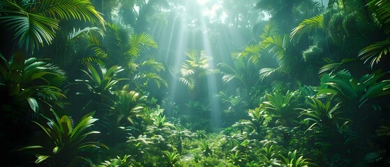 Lush Tropical Rainforest: A Diverse Ecosystem Teeming with Various Plant Species. Concept Rainforest Canopy, Biodiversity, Exotic Flora, Tropical Foliage, Vibrant Ecosystem