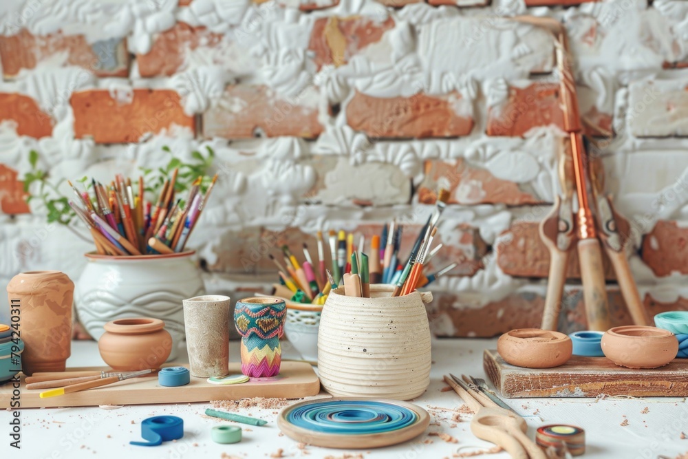 Poster various colored pencils neatly arranged on a table. ideal for educational or artistic concepts