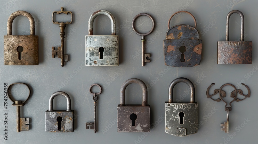 Poster various old locks and keys displayed on a wall. perfect for antique collectors or security concept