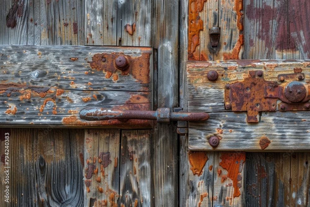 Poster a detailed view of a weathered wooden door with rust. suitable for architectural or vintage design p